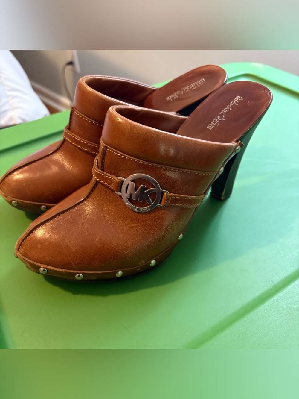 Michael Kors Brown Leather Studded Clog Mules Heels Women’s Size 7.5M